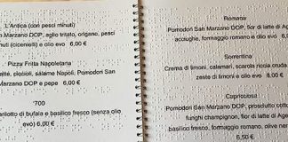 Il menu in braille della Pizzeria Franco a Napoli