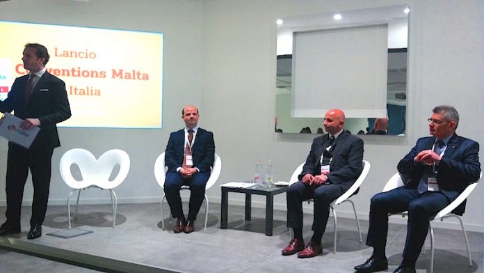 La presentazione di Conventions Malta. Da sinistra, Claude Zammit Trevisan,direttore Italia di MTA; Edward Zammit, Events Operations, Advisor, Conventions Malta; Paul Bugeja, CEO MTA